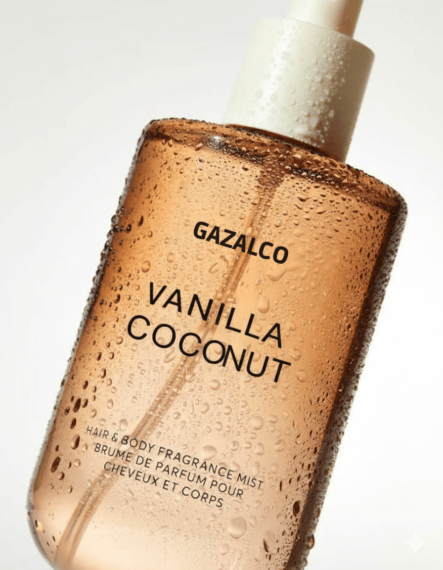 Gazalco Vanilla Coconut hair and body fragrance mist bottle on a light background