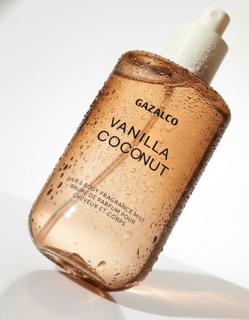 Vanilla Coconut fragrance mist bottle by Gazalco on a white background