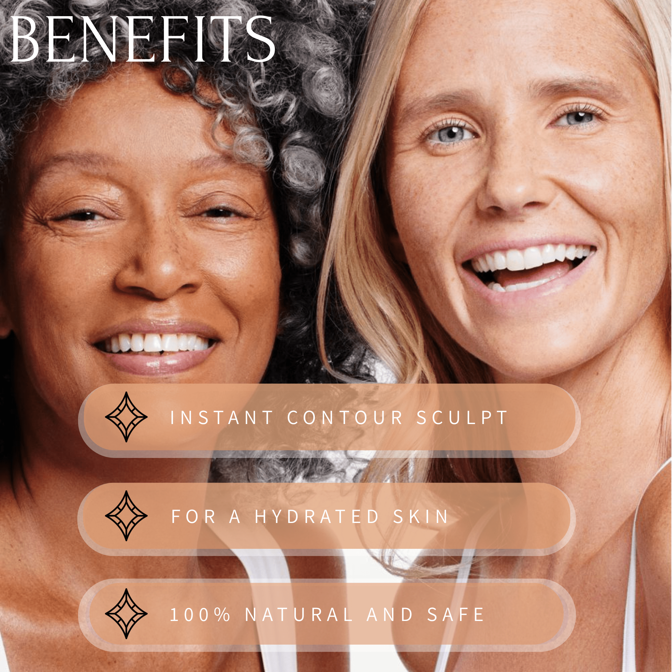 Two women with text highlighting benefits of a skincare product.