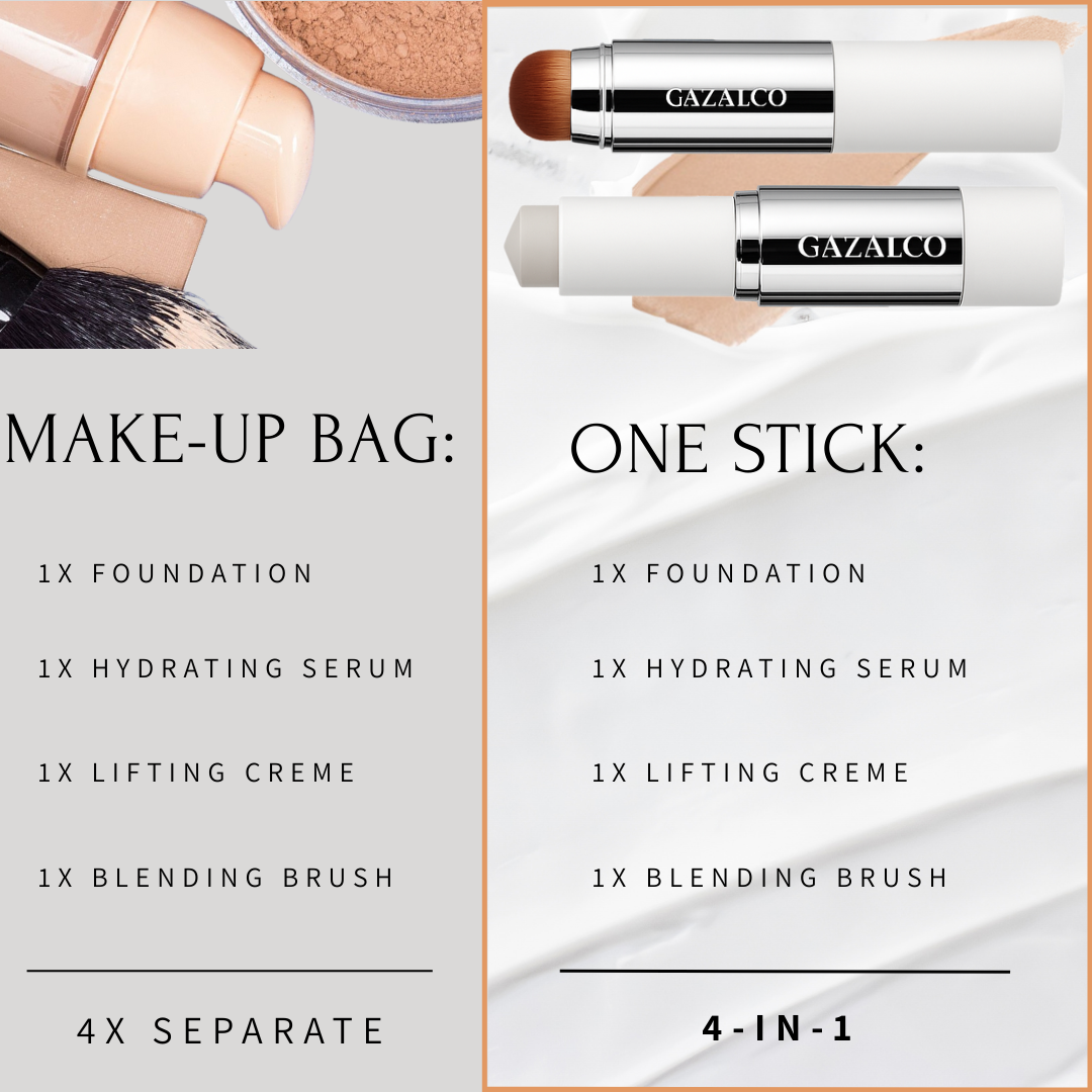 Gazalco 4-in-1 lifting stick compared to multiple makeup products in a bag.