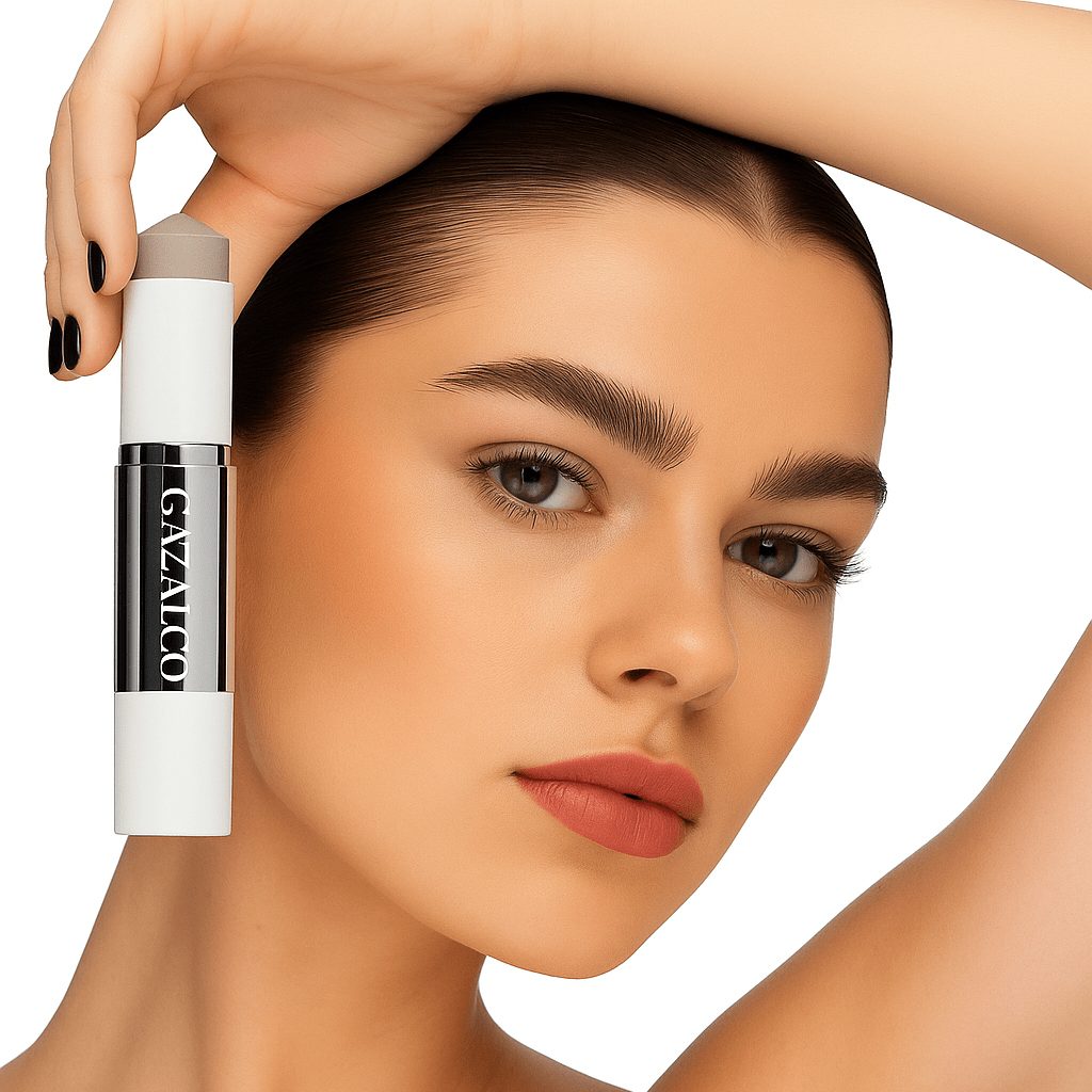 Model holding Glow Cream Stick highlighting natural, luminous skin effect