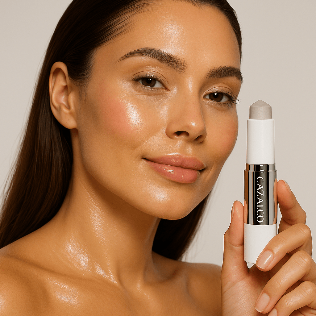 Smiling model with radiant glowing skin holding Glow Cream Stick for luminous finish